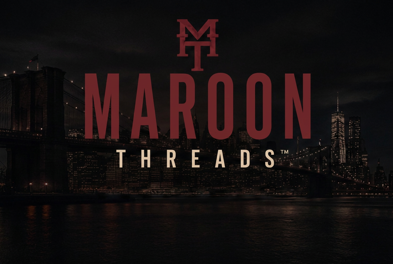 Maroon Threads wordmark and MT monogram over the Brooklyn Bridge skyline at night